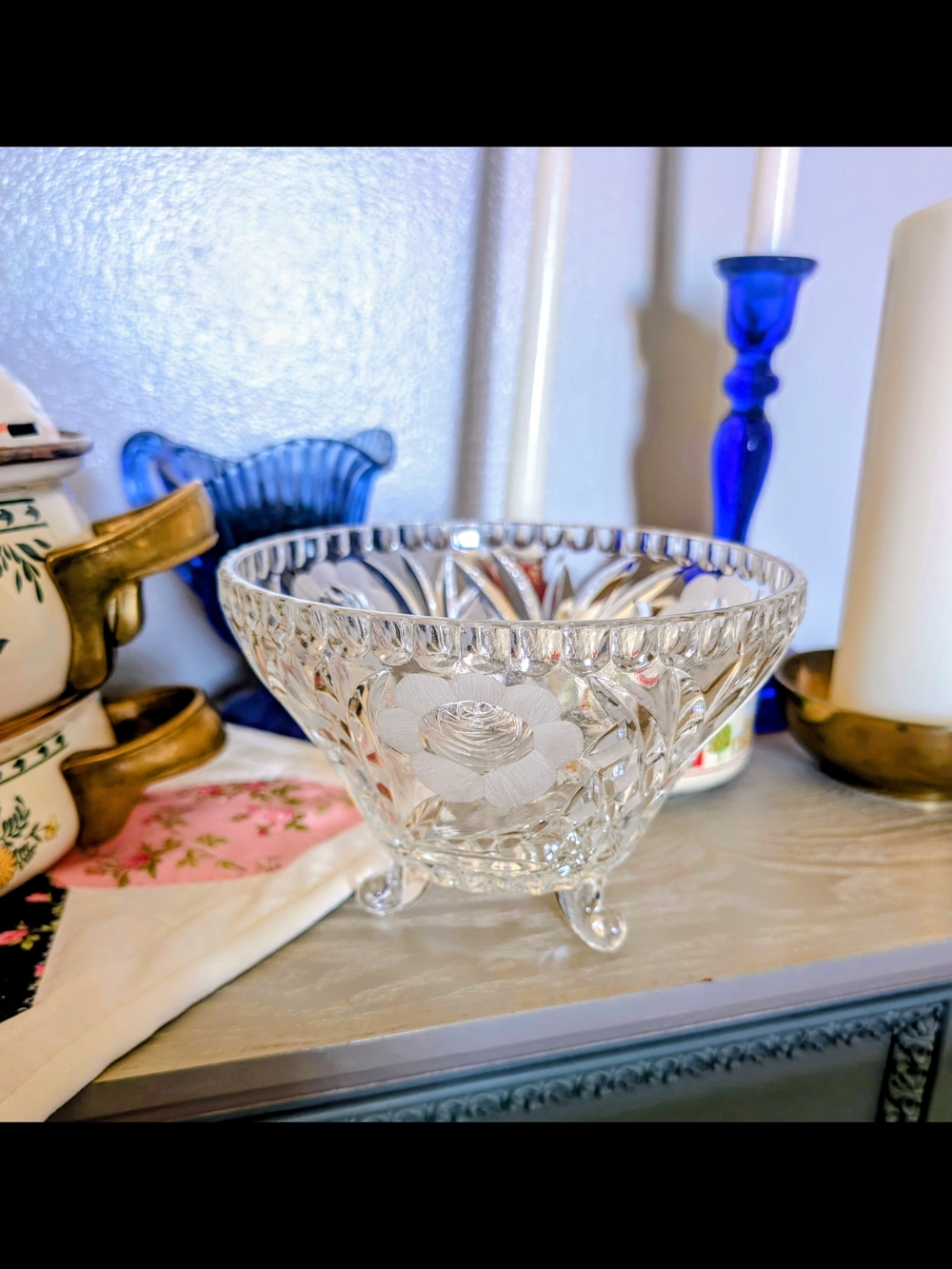 Etched Floral Pedestal Bowl - Clear Crystal